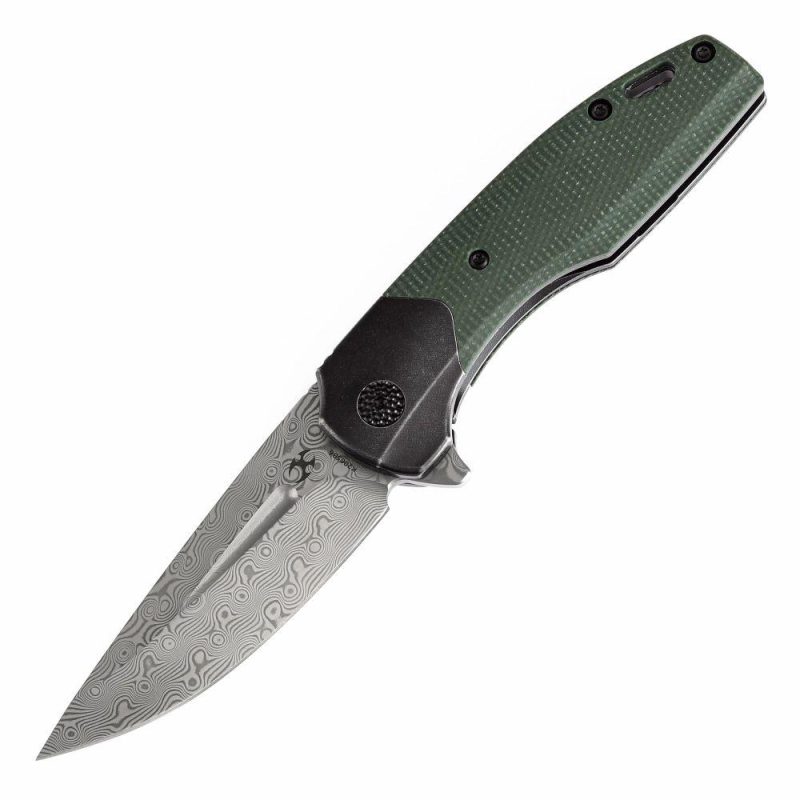 Cassowary Flipper Black Stonewashed Titanium and Green Micarta Titanium Handle (2.9”Damascus Blade ) Koch Tools Design -K2065B6 Black Green | Folding Pocket Knives