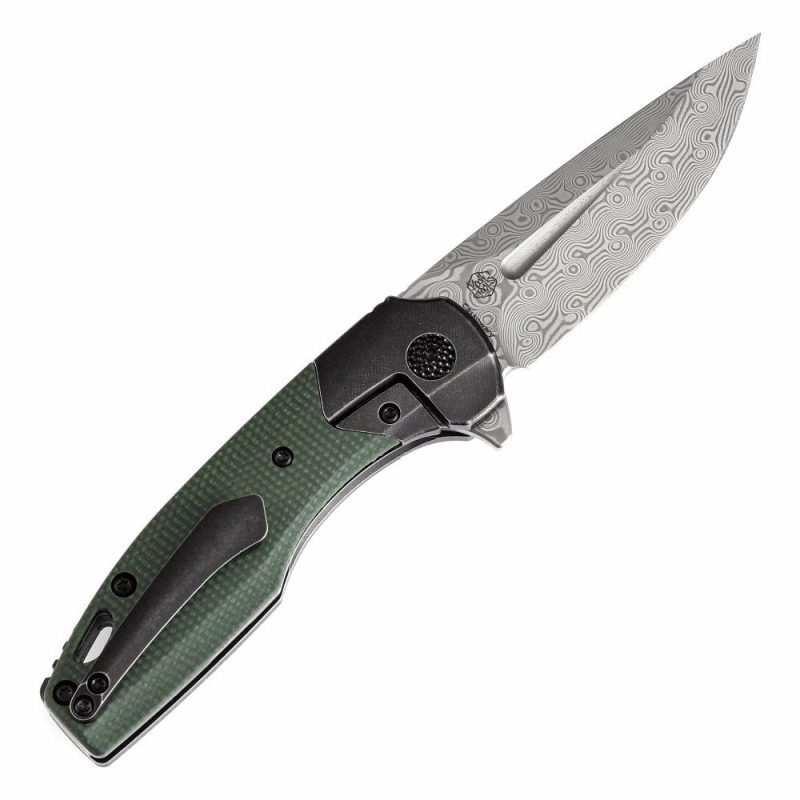 Cassowary Flipper Black Stonewashed Titanium and Green Micarta Titanium Handle (2.9”Damascus Blade ) Koch Tools Design -K2065B6 Black Green | Folding Pocket Knives