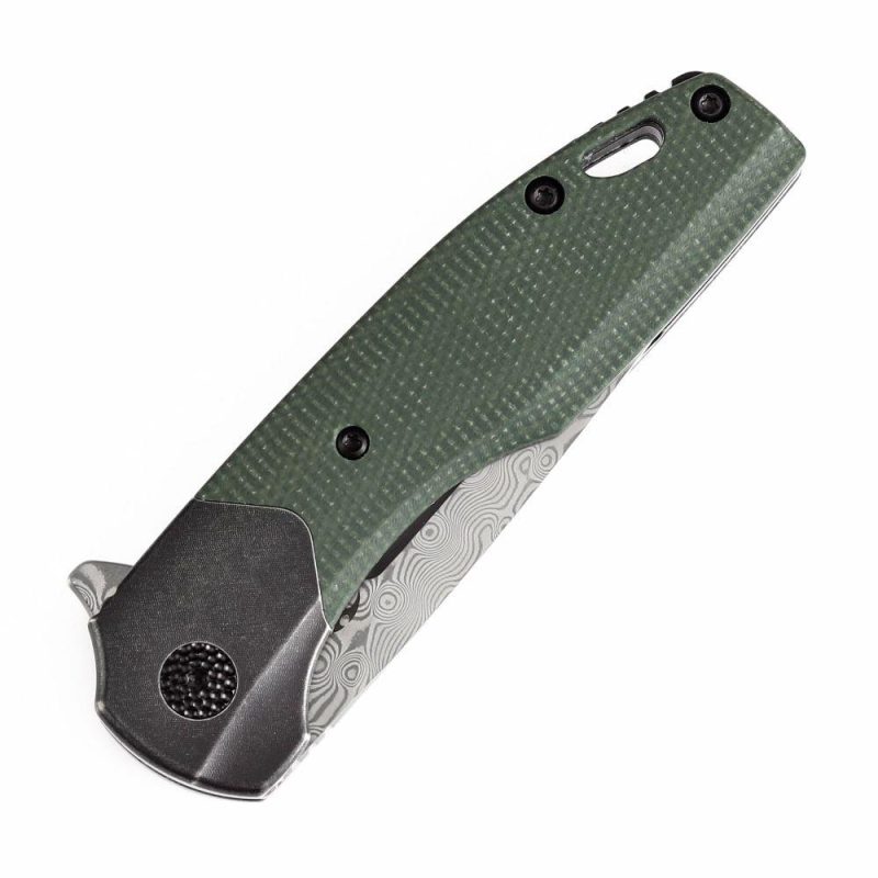 Cassowary Flipper Black Stonewashed Titanium and Green Micarta Titanium Handle (2.9”Damascus Blade ) Koch Tools Design -K2065B6 Black Green | Folding Pocket Knives