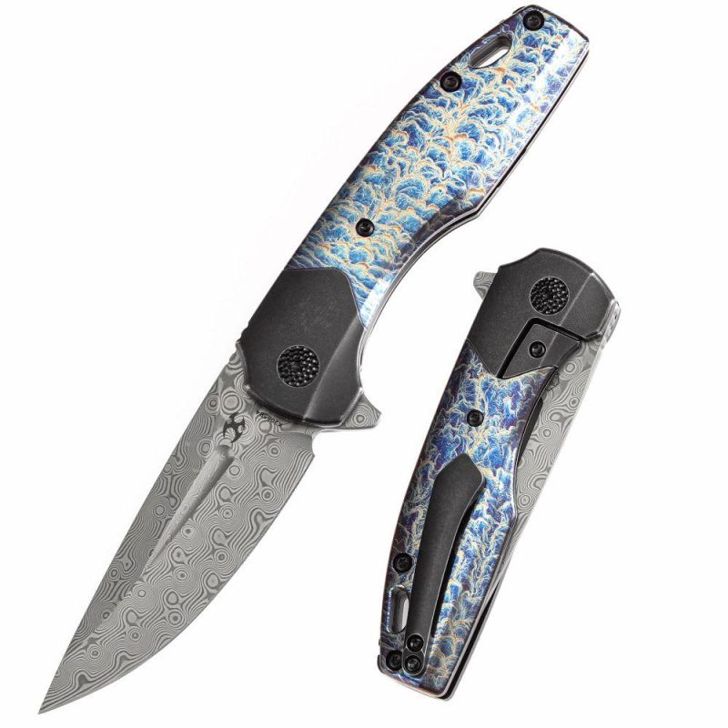 Cassowary Flipper Black Stonewashed Titanium and Lightning Strike Finish Titanium Handle (2.9”Damascus Blade ) Koch Tools Design -K2065B4 Black Blue | Folding Pocket Knives