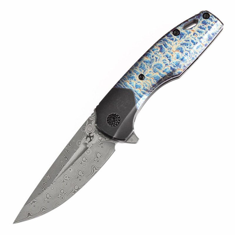 Cassowary Flipper Black Stonewashed Titanium and Lightning Strike Finish Titanium Handle (2.9”Damascus Blade ) Koch Tools Design -K2065B4 Black Blue | Folding Pocket Knives