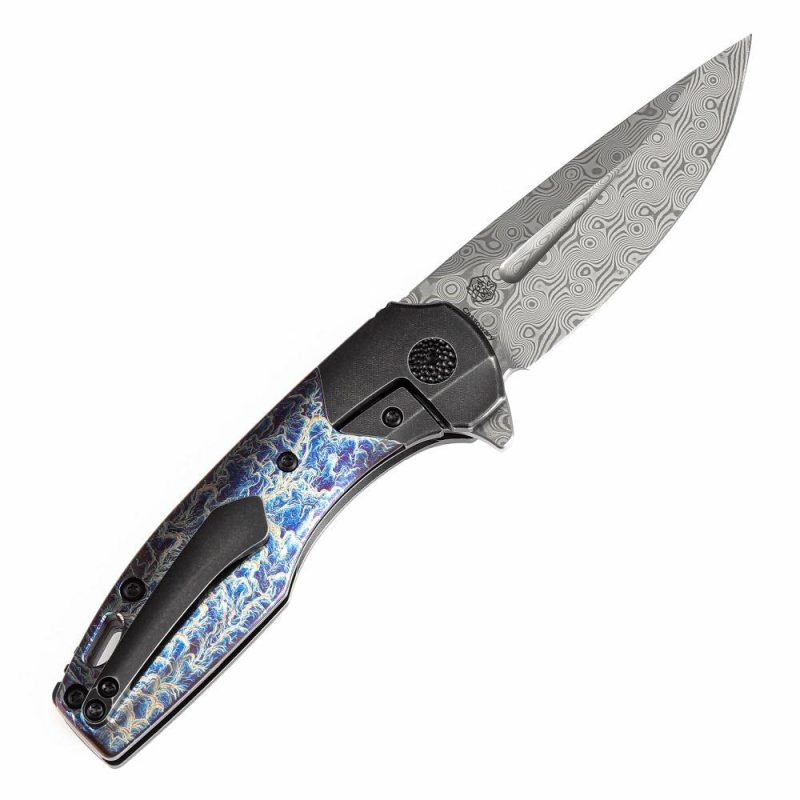 Cassowary Flipper Black Stonewashed Titanium and Lightning Strike Finish Titanium Handle (2.9”Damascus Blade ) Koch Tools Design -K2065B4 Black Blue | Folding Pocket Knives