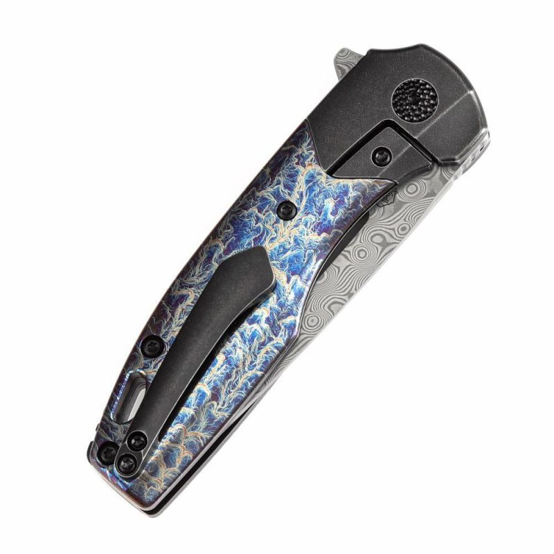 Cassowary Flipper Black Stonewashed Titanium and Lightning Strike Finish Titanium Handle (2.9”Damascus Blade ) Koch Tools Design -K2065B4 Black Blue | Folding Pocket Knives