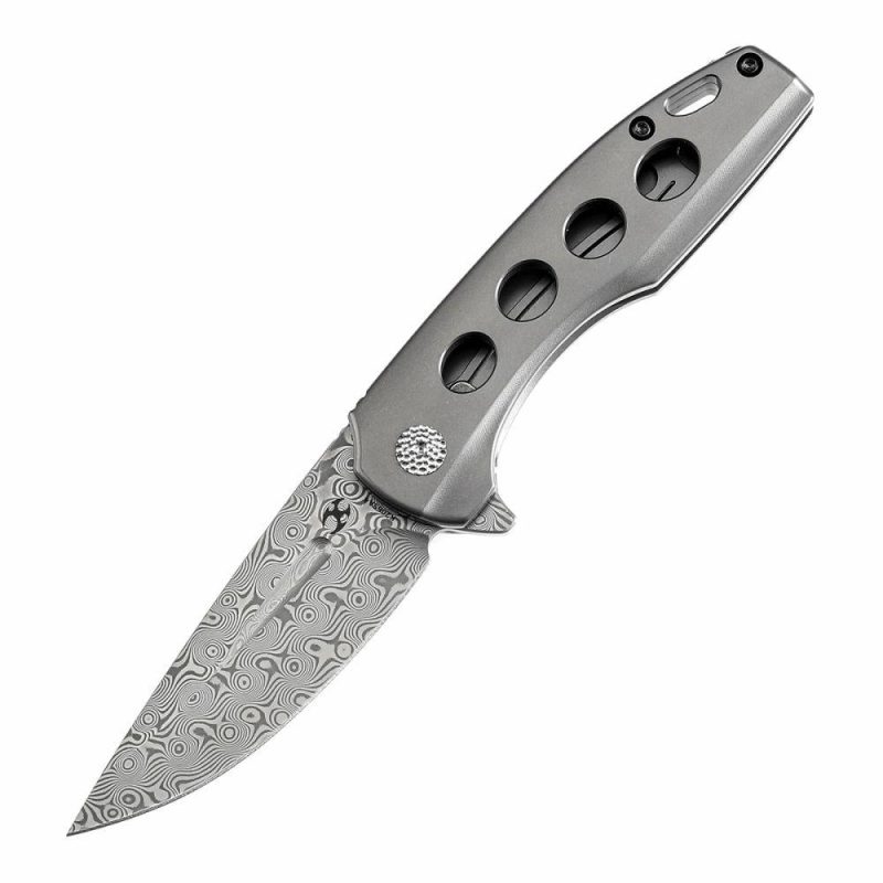 Cassowary Flipper Knife Grey Anodized Titanium Handle (2.9” Damascus Blade) Koch Tools -K2065A4 Grey | Folding Pocket Knives