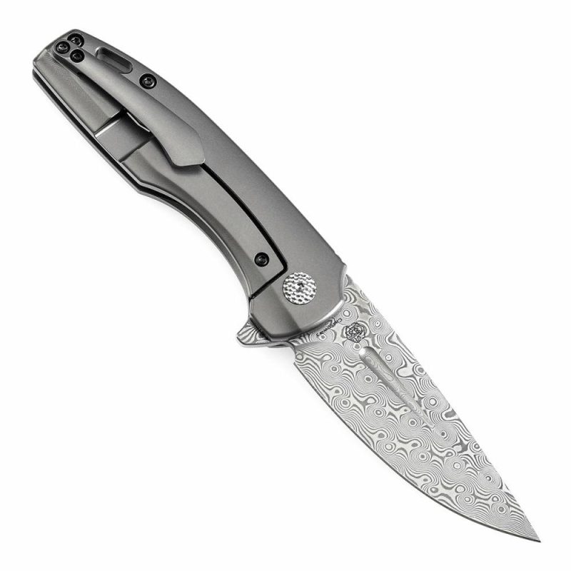 Cassowary Flipper Knife Grey Anodized Titanium Handle (2.9” Damascus Blade) Koch Tools -K2065A4 Grey | Folding Pocket Knives