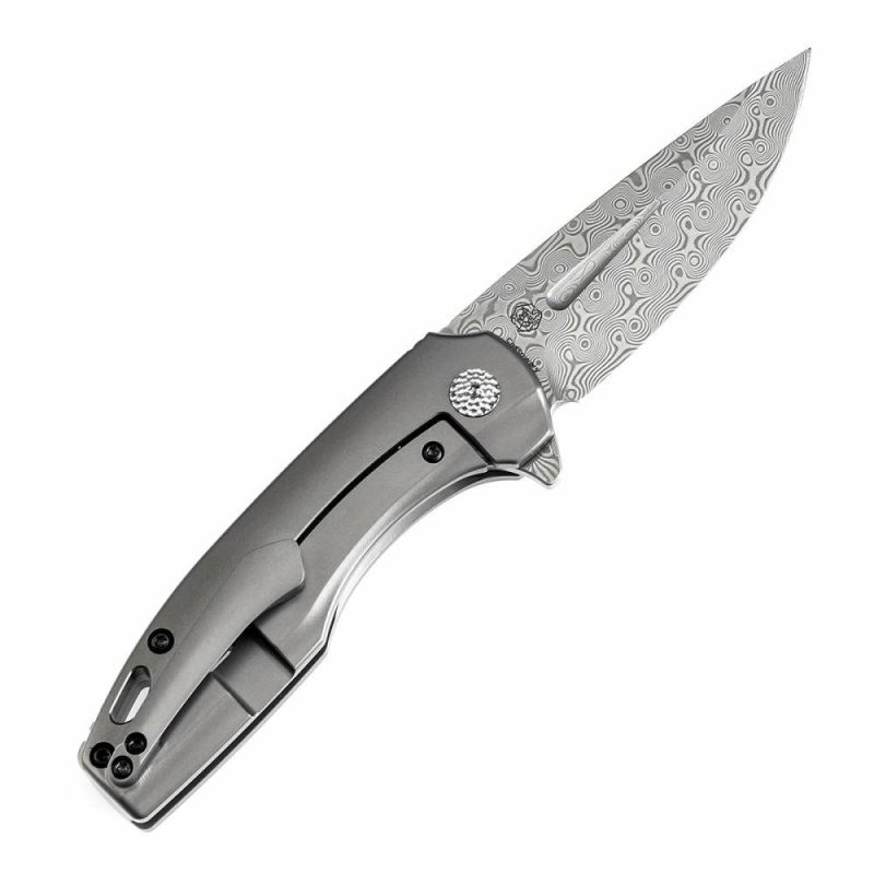 Cassowary Flipper Knife Grey Anodized Titanium Handle (2.9” Damascus Blade) Koch Tools -K2065A4 Grey | Folding Pocket Knives