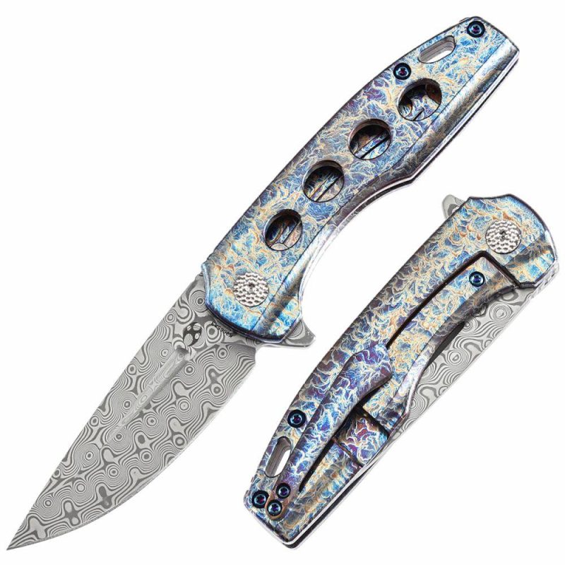 Cassowary Flipper Knife Titanium with Lightning Strike Finish Handle (2.9” Damascus Blade) Koch Tools -K2065A3 Grey Blue | Folding Pocket Knives