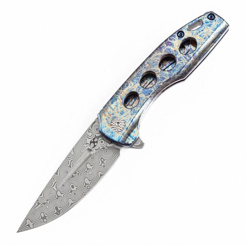 Cassowary Flipper Knife Titanium with Lightning Strike Finish Handle (2.9” Damascus Blade) Koch Tools -K2065A3 Grey Blue | Folding Pocket Knives