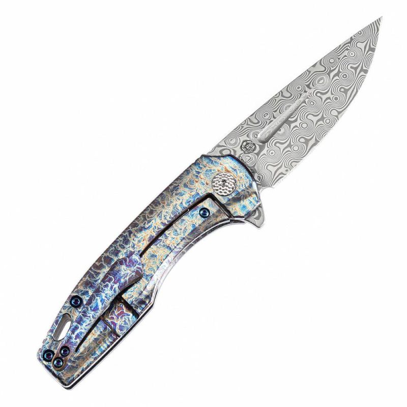 Cassowary Flipper Knife Titanium with Lightning Strike Finish Handle (2.9” Damascus Blade) Koch Tools -K2065A3 Grey Blue | Folding Pocket Knives