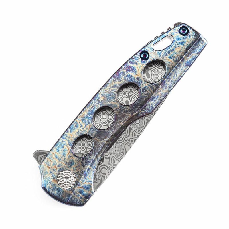 Cassowary Flipper Knife Titanium with Lightning Strike Finish Handle (2.9” Damascus Blade) Koch Tools -K2065A3 Grey Blue | Folding Pocket Knives