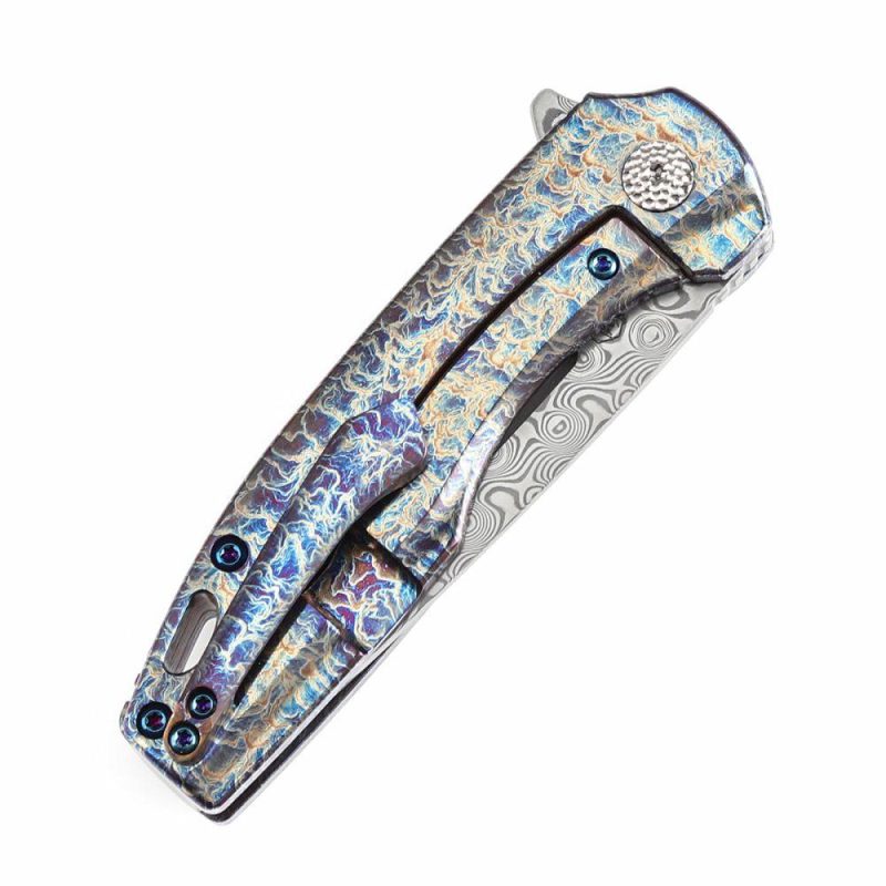 Cassowary Flipper Knife Titanium with Lightning Strike Finish Handle (2.9” Damascus Blade) Koch Tools -K2065A3 Grey Blue | Folding Pocket Knives