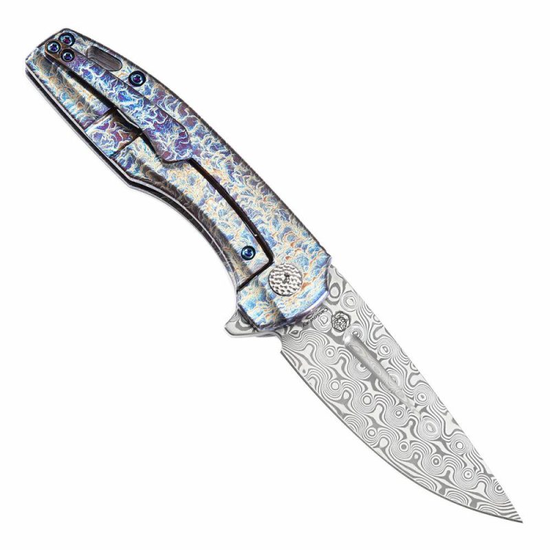 Cassowary Flipper Knife Titanium with Lightning Strike Finish Handle (2.9” Damascus Blade) Koch Tools -K2065A3 Grey Blue | Folding Pocket Knives