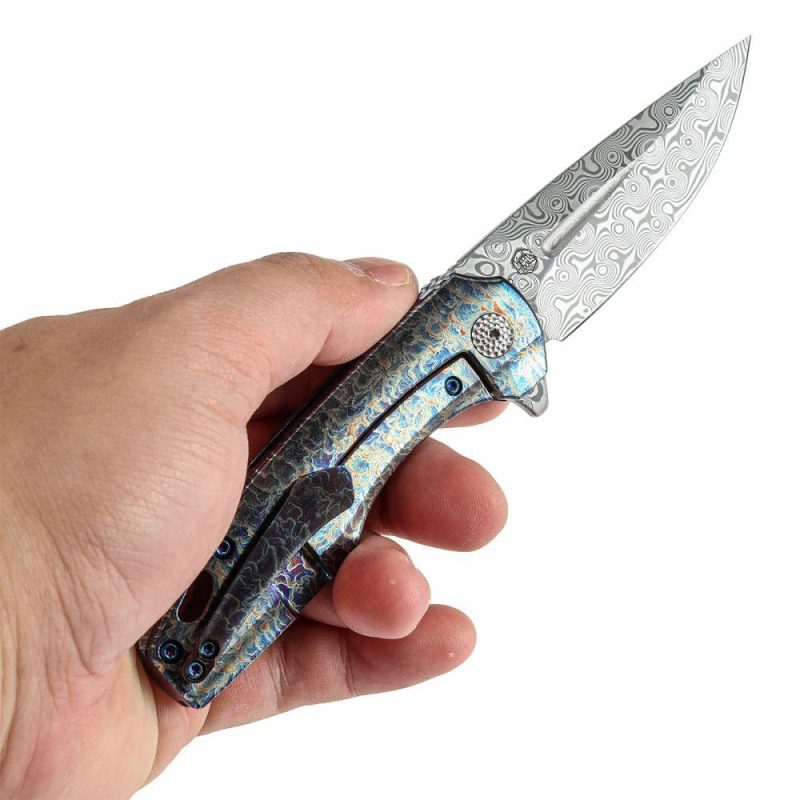 Cassowary Flipper Knife Titanium with Lightning Strike Finish Handle (2.9” Damascus Blade) Koch Tools -K2065A3 Grey Blue | Folding Pocket Knives