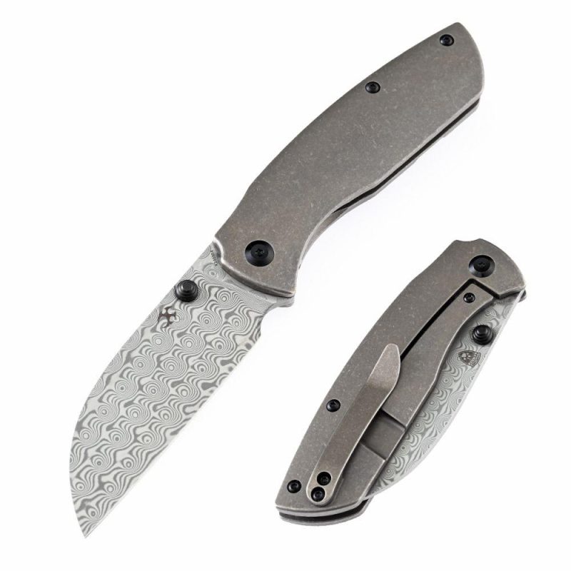 Convict K1023B4 Damascus Blade Bronze Anodized Titanium Handle with Sheepdog Knives Design Bronze | Folding Pocket Knives