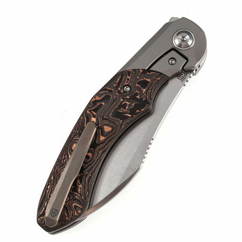 Cosmos Flipper Knives Titanium + Copper Carbon Fiber ( 3.58”CPM 20CV Blade)Munko Knives Design-K1059A1 Brown | Folding Pocket Knives