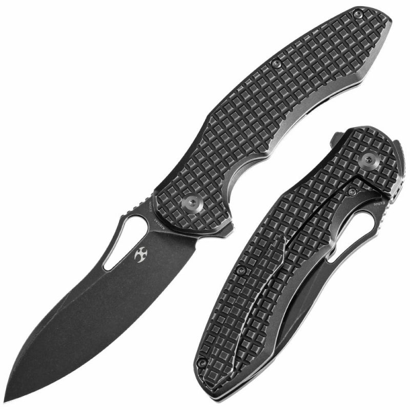 Echis Thumb Hole Blackwash Titanium with Frag Pattern Handle (3.45”CPM S35VN Blade ) Djinn Design -K1071A5 Black | Folding Pocket Knives