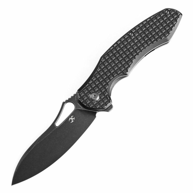 Echis Thumb Hole Blackwash Titanium with Frag Pattern Handle (3.45”CPM S35VN Blade ) Djinn Design -K1071A5 Black | Folding Pocket Knives