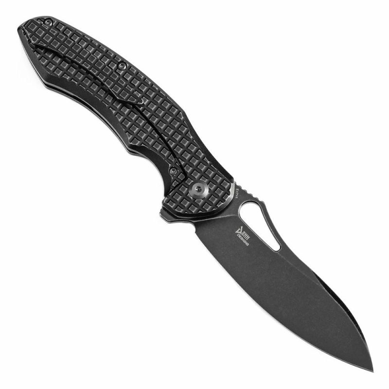 Echis Thumb Hole Blackwash Titanium with Frag Pattern Handle (3.45”CPM S35VN Blade ) Djinn Design -K1071A5 Black | Folding Pocket Knives