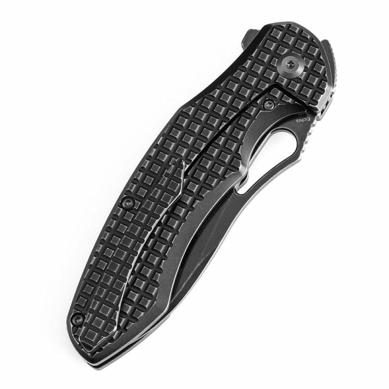 Echis Thumb Hole Blackwash Titanium with Frag Pattern Handle (3.45”CPM S35VN Blade ) Djinn Design -K1071A5 Black | Folding Pocket Knives