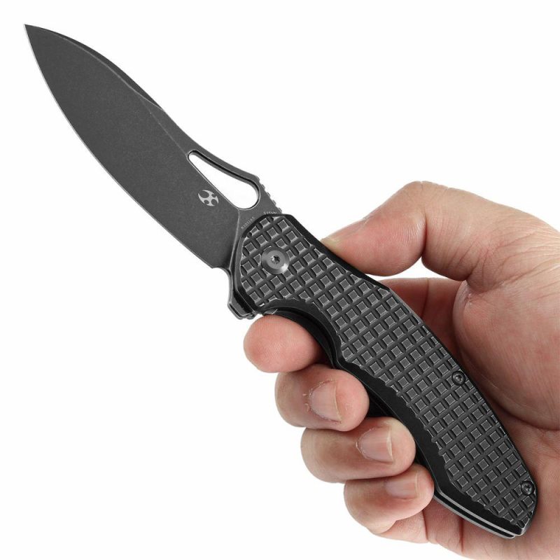 Echis Thumb Hole Blackwash Titanium with Frag Pattern Handle (3.45”CPM S35VN Blade ) Djinn Design -K1071A5 Black | Folding Pocket Knives