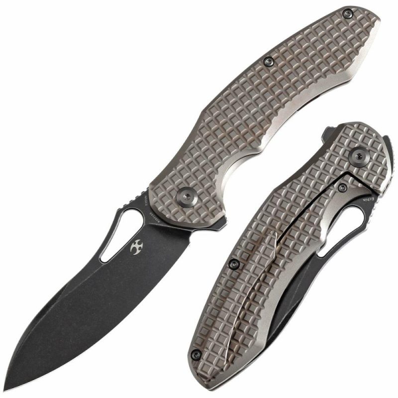 Echis Thumb Hole Bronzed Anodized Titanium with Frag Pattern Handle (3.45”CPM S35VN Blade ) Djinn Design -K1071A6 Black Bronze | Folding Pocket Knives