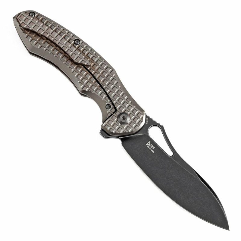 Echis Thumb Hole Bronzed Anodized Titanium with Frag Pattern Handle (3.45”CPM S35VN Blade ) Djinn Design -K1071A6 Black Bronze | Folding Pocket Knives