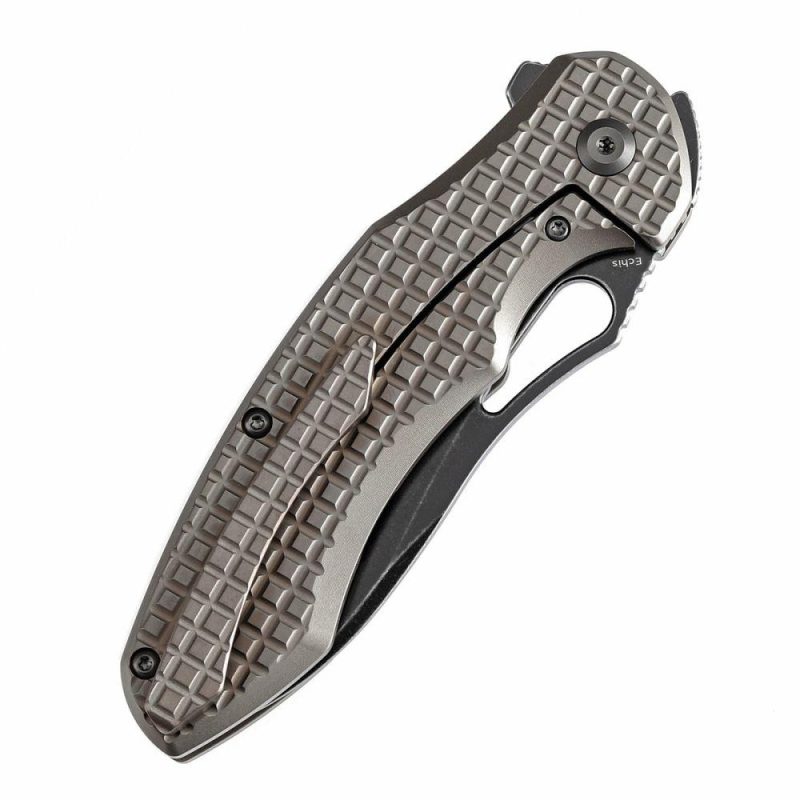 Echis Thumb Hole Bronzed Anodized Titanium with Frag Pattern Handle (3.45”CPM S35VN Blade ) Djinn Design -K1071A6 Black Bronze | Folding Pocket Knives