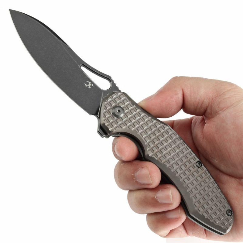 Echis Thumb Hole Bronzed Anodized Titanium with Frag Pattern Handle (3.45”CPM S35VN Blade ) Djinn Design -K1071A6 Black Bronze | Folding Pocket Knives