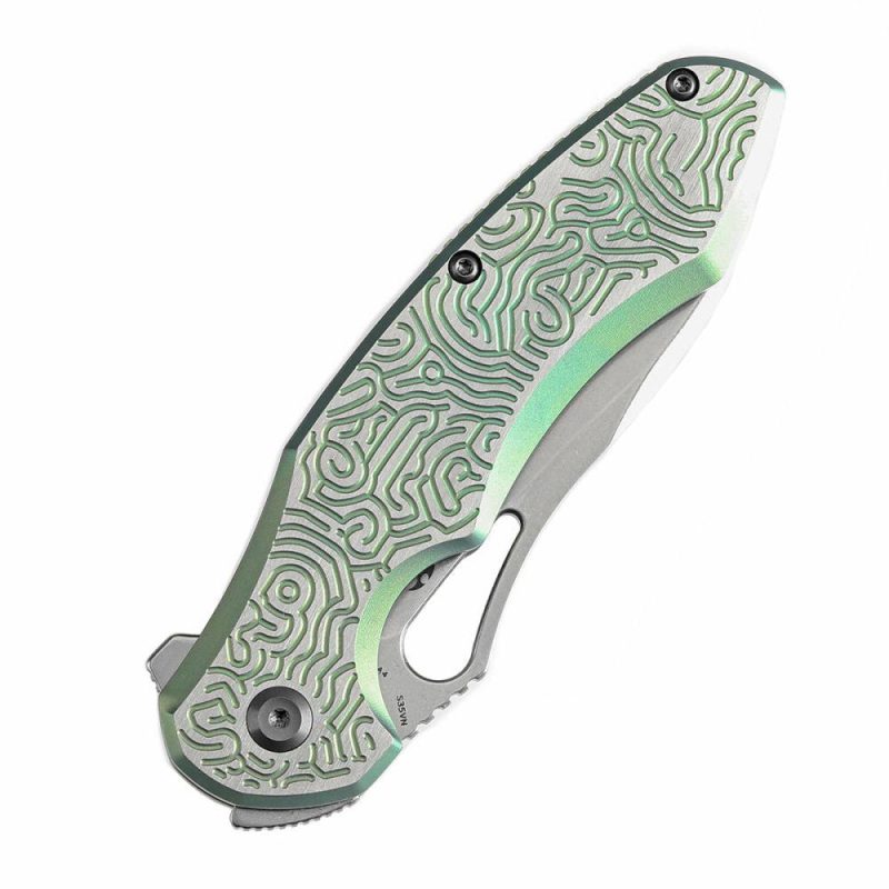 Echis Thumb Hole Green Anodized Textured Titanium Handle (3.45”CPM S35VN Blade ) Djinn Design -K1071A4 Black Bronze | Folding Pocket Knives