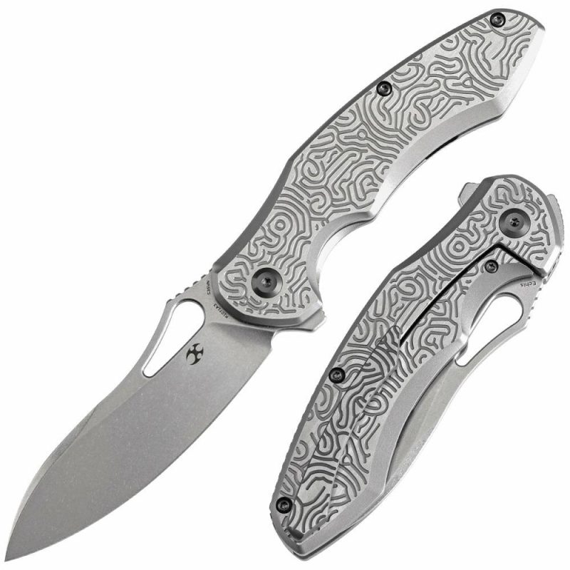 Echis Thumb Hole Textured beadblasted Titanium Handle (3.45”CPM S35VN Blade ) Djinn Design -K1071A3 Sliver | Folding Pocket Knives