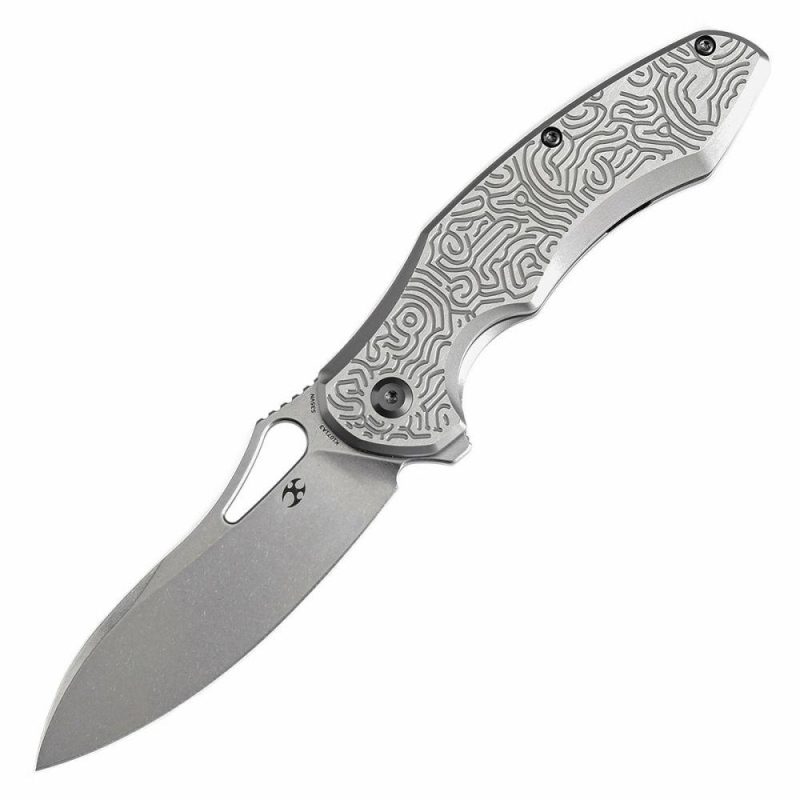 Echis Thumb Hole Textured beadblasted Titanium Handle (3.45”CPM S35VN Blade ) Djinn Design -K1071A3 Sliver | Folding Pocket Knives