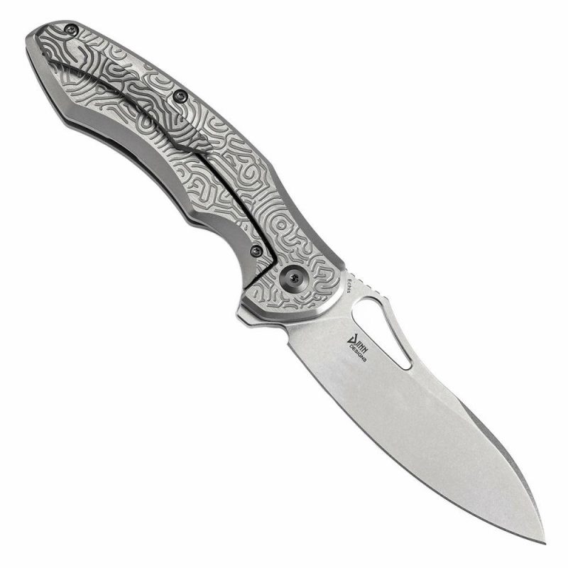 Echis Thumb Hole Textured beadblasted Titanium Handle (3.45”CPM S35VN Blade ) Djinn Design -K1071A3 Sliver | Folding Pocket Knives