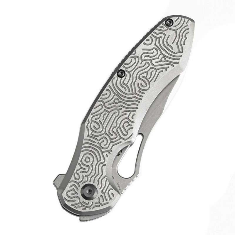 Echis Thumb Hole Textured beadblasted Titanium Handle (3.45”CPM S35VN Blade ) Djinn Design -K1071A3 Sliver | Folding Pocket Knives