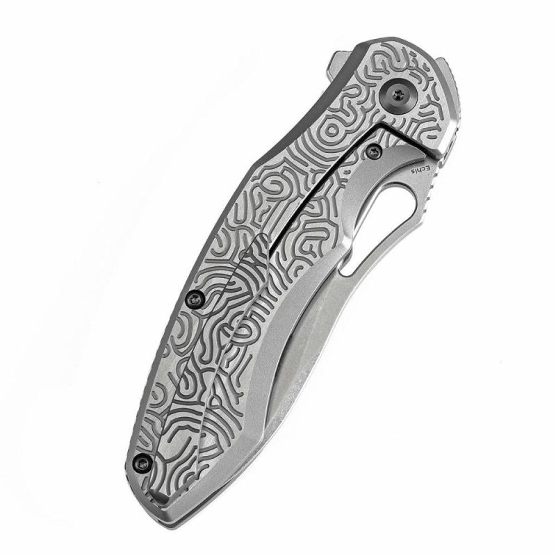 Echis Thumb Hole Textured beadblasted Titanium Handle (3.45”CPM S35VN Blade ) Djinn Design -K1071A3 Sliver | Folding Pocket Knives