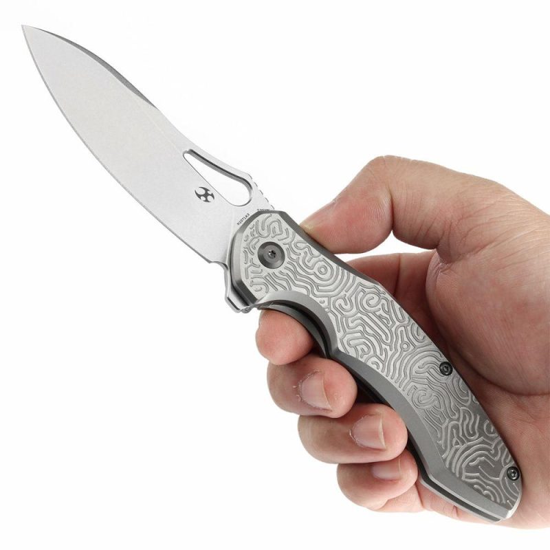 Echis Thumb Hole Textured beadblasted Titanium Handle (3.45”CPM S35VN Blade ) Djinn Design -K1071A3 Sliver | Folding Pocket Knives