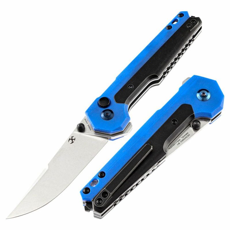 EDC Tac Button Lock Knife Blue G10 + Titanium Handle (3.1”CPM-S35VN Blade)Mikkel Willumsen Design-K2009A6 | Folding Pocket Knives