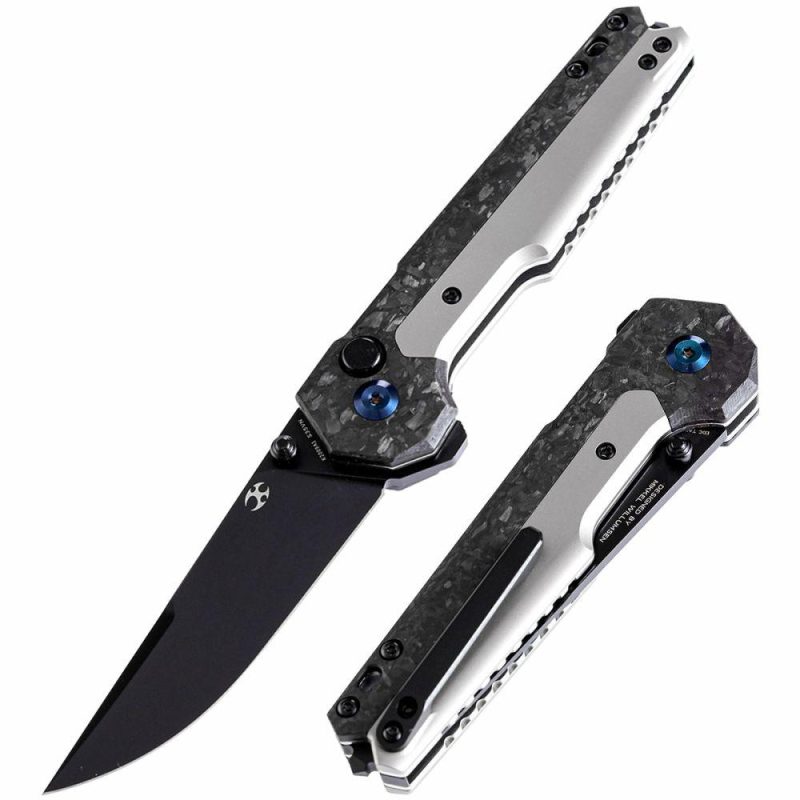 EDC Tac K2009A1 Button Lock Front Flipper Shred Carbon Fiber and Titanium Handle S35VN Blade Mikkel Willumsen Design Black | Folding Pocket Knives