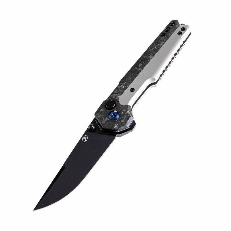 EDC Tac K2009A1 Button Lock Front Flipper Shred Carbon Fiber and Titanium Handle S35VN Blade Mikkel Willumsen Design Black | Folding Pocket Knives