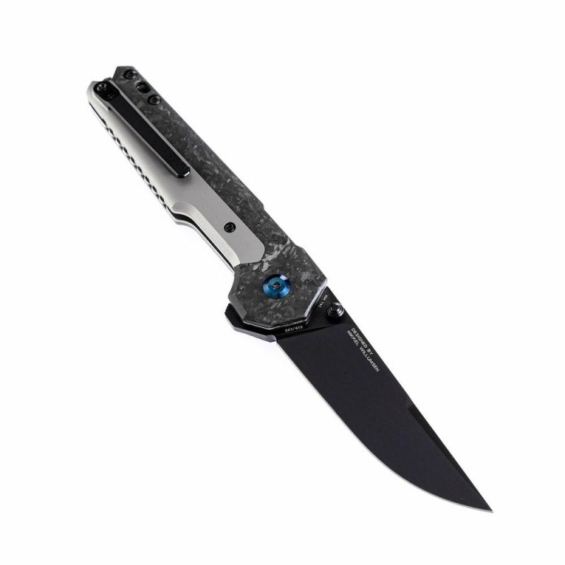 EDC Tac K2009A1 Button Lock Front Flipper Shred Carbon Fiber and Titanium Handle S35VN Blade Mikkel Willumsen Design Black | Folding Pocket Knives