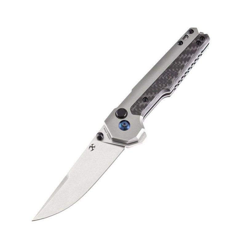 EDC Tac K2009A2 Button Lock Front Flipper Twill Carbon Fiber and Titanium Handle S35VN Blade Mikkel Willumsen Design Black | Folding Pocket Knives