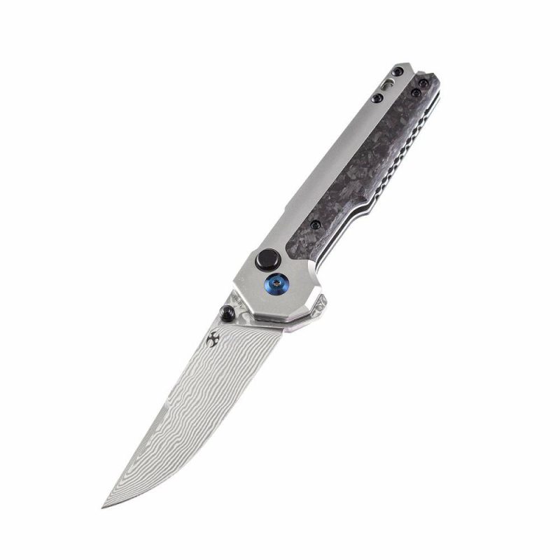 EDC Tac K2009A3 Button Lock Front Flipper Damascus Blade Shred Carbon Fiber and Titanium Handle Mikkel Willumsen Design Black/Gray | Folding Pocket Knives