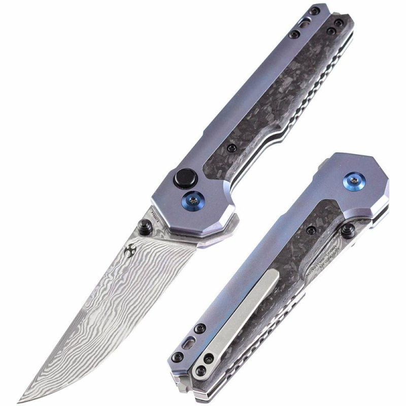 EDC Tac K2009A4 Button Lock Front Flipper Damascus Blade Shred Carbon Fiber and Blue Anodized Titanium Handle Black/Blue | Folding Pocket Knives