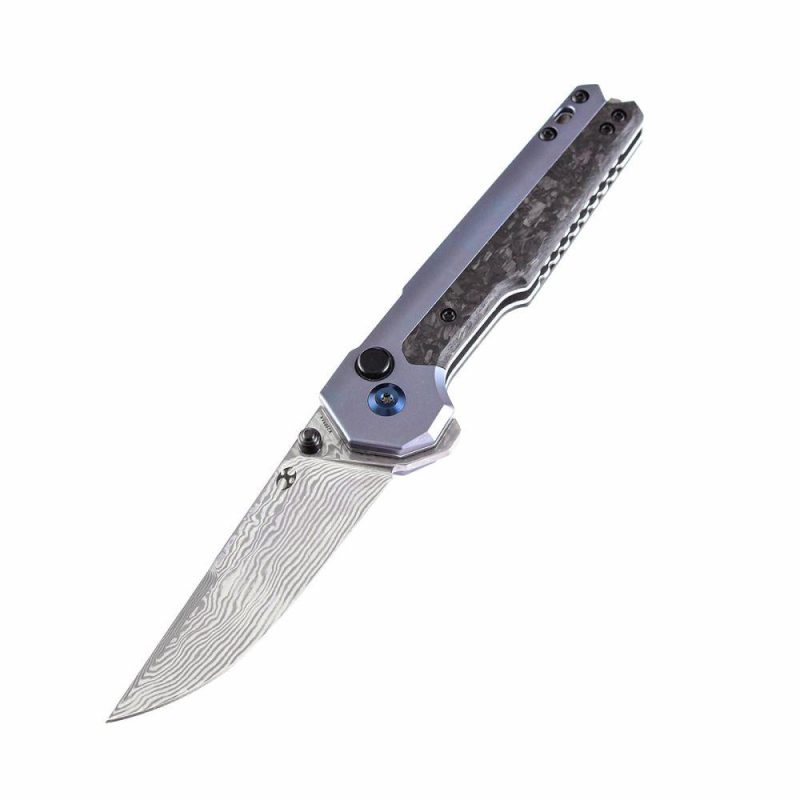 EDC Tac K2009A4 Button Lock Front Flipper Damascus Blade Shred Carbon Fiber and Blue Anodized Titanium Handle Black/Blue | Folding Pocket Knives