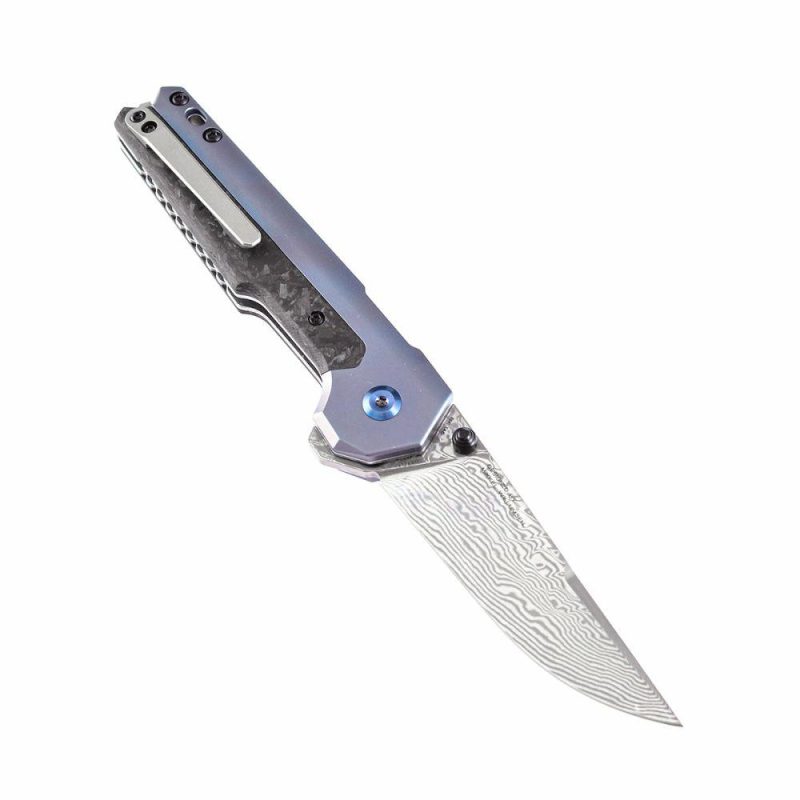 EDC Tac K2009A4 Button Lock Front Flipper Damascus Blade Shred Carbon Fiber and Blue Anodized Titanium Handle Black/Blue | Folding Pocket Knives