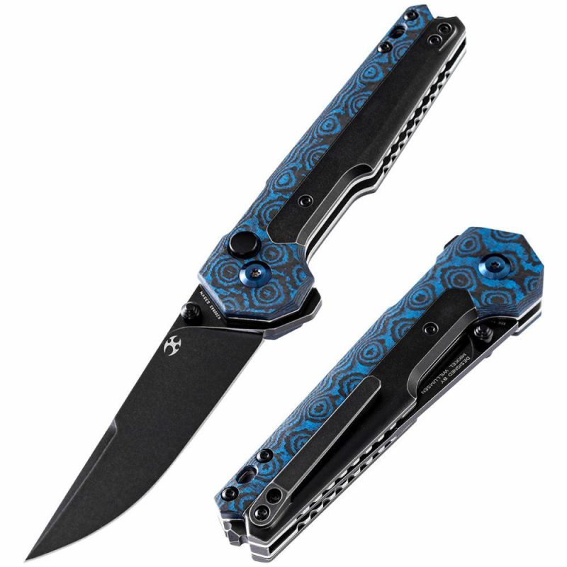 EDC Tac K2009A5 Button Lock Front Flipper Damascus Blade Blue Rose Carbon Fiber and Titanium Handle Black/Blue | Folding Pocket Knives