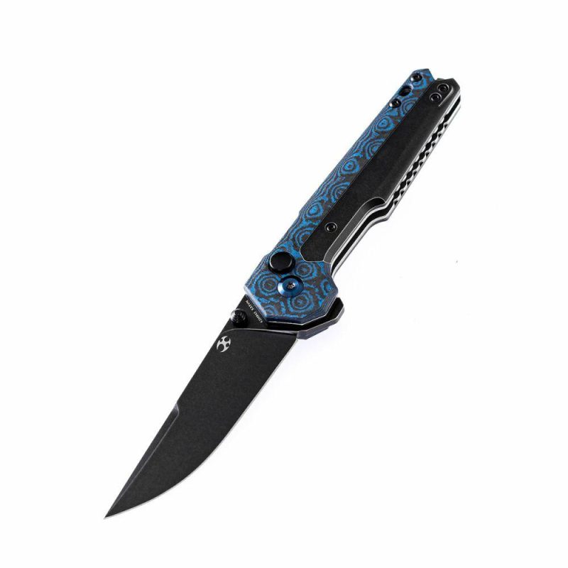 EDC Tac K2009A5 Button Lock Front Flipper Damascus Blade Blue Rose Carbon Fiber and Titanium Handle Black/Blue | Folding Pocket Knives