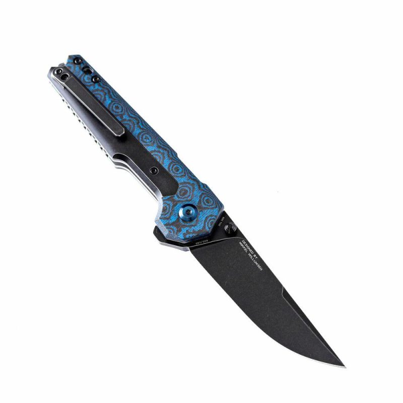 EDC Tac K2009A5 Button Lock Front Flipper Damascus Blade Blue Rose Carbon Fiber and Titanium Handle Black/Blue | Folding Pocket Knives