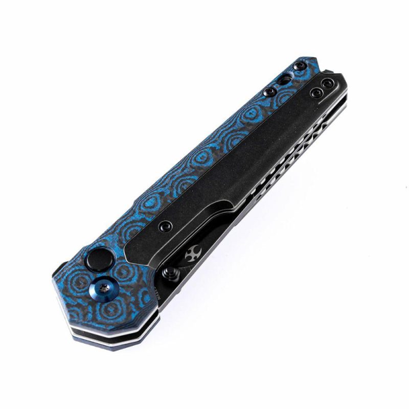 EDC Tac K2009A5 Button Lock Front Flipper Damascus Blade Blue Rose Carbon Fiber and Titanium Handle Black/Blue | Folding Pocket Knives