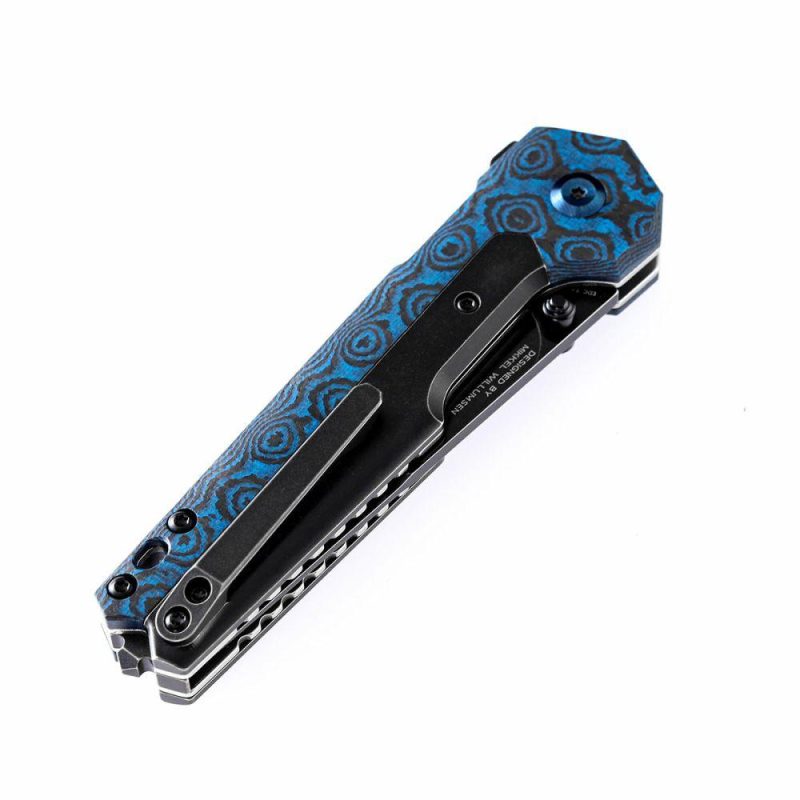 EDC Tac K2009A5 Button Lock Front Flipper Damascus Blade Blue Rose Carbon Fiber and Titanium Handle Black/Blue | Folding Pocket Knives