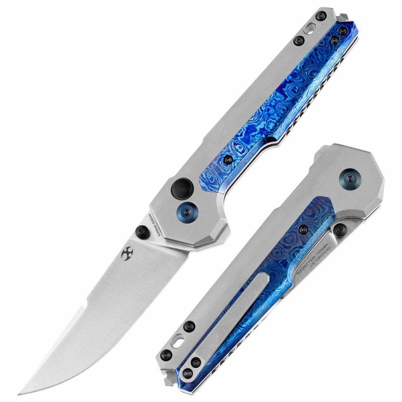 EDC Tac Thumb Studs/Button Lock Knife Timascus+ Titanium Inlay Handle (3.1” CPM-S35VN Blade)Mikkel Willumsen Design-K2009A8 Gray/Blue | Folding Pocket Knives